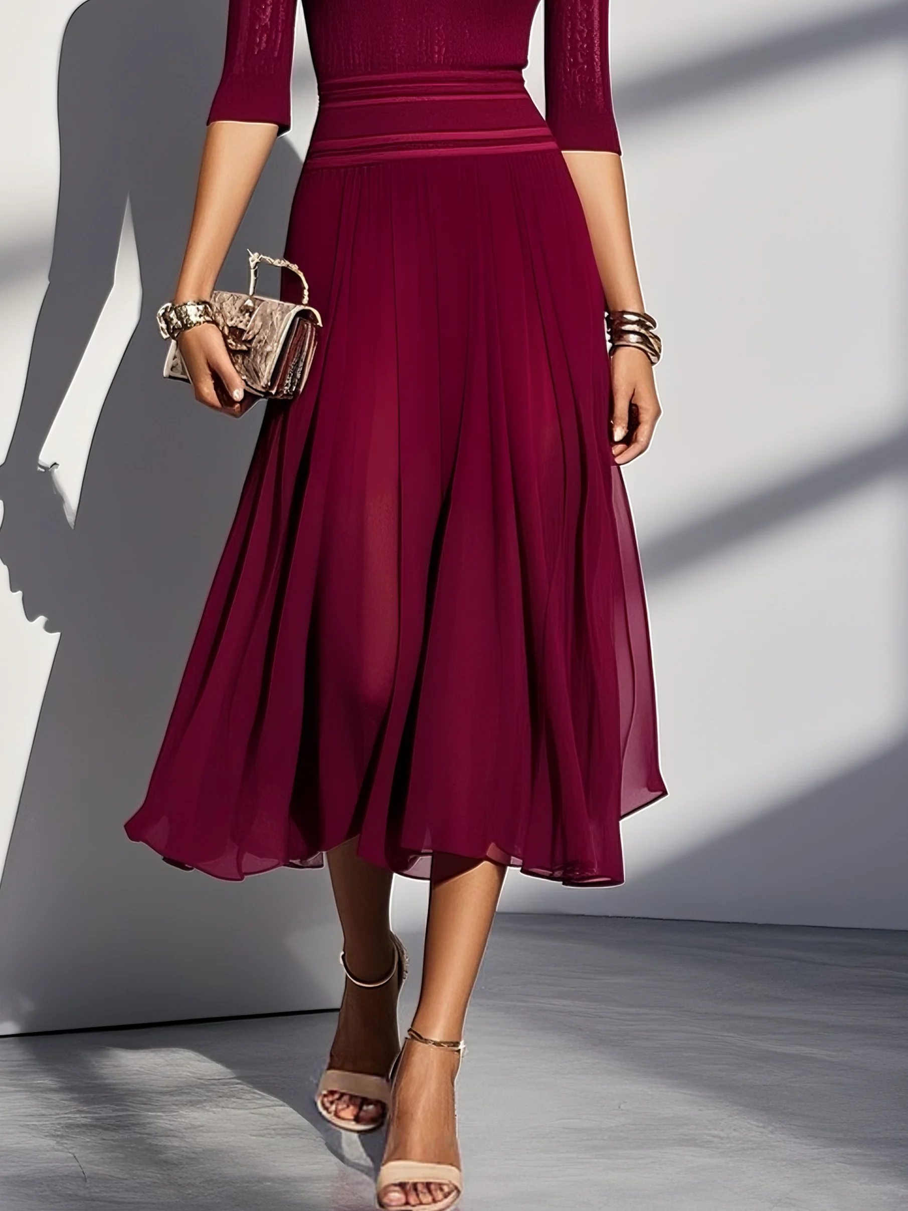 Wine Red Sweater Crew Neck Half Sleeve A-Line Midi Dress