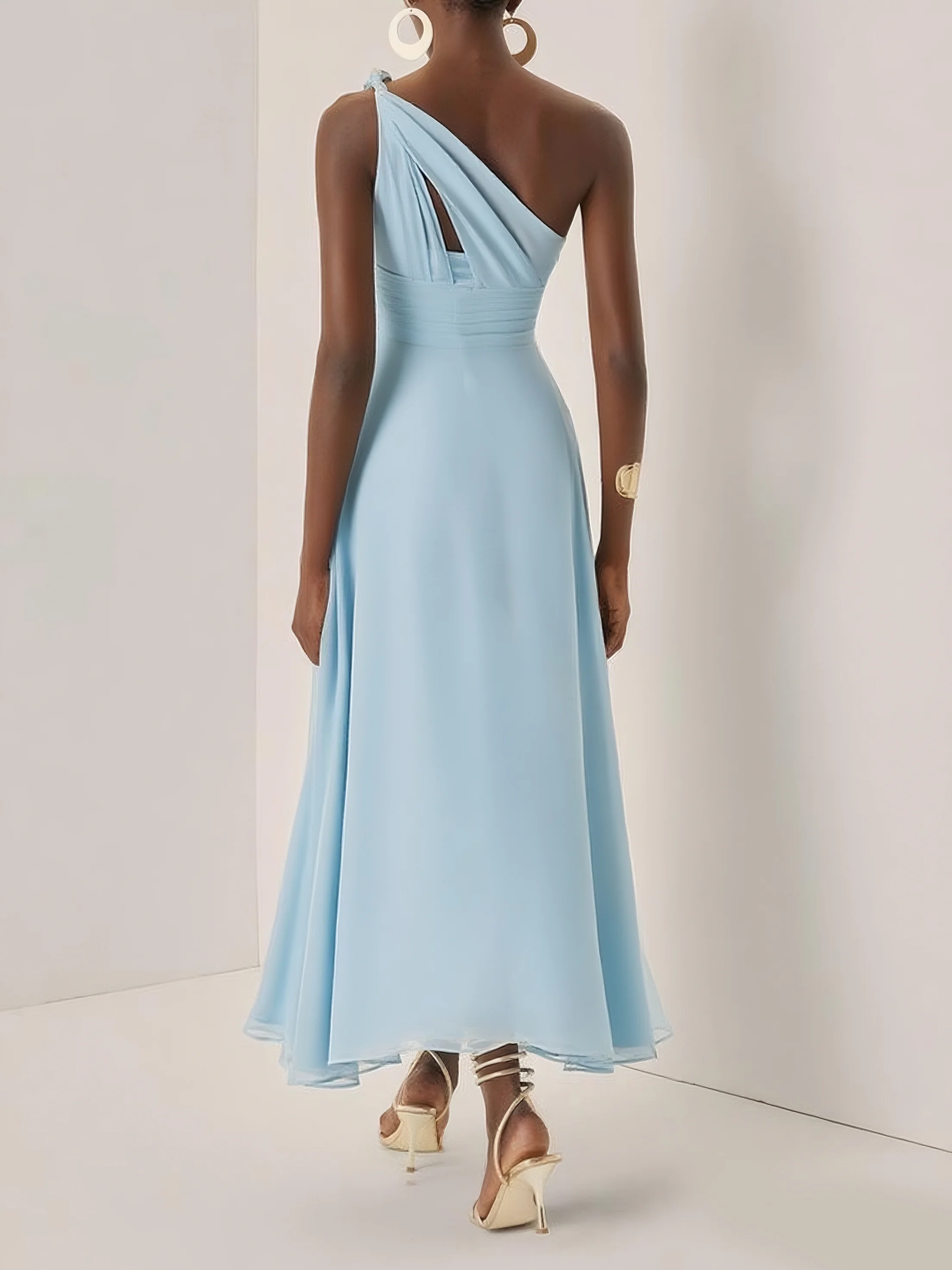 Light Blue Ruched Chiffon One Shoulder Sleeveless A-Line Maxi Dress