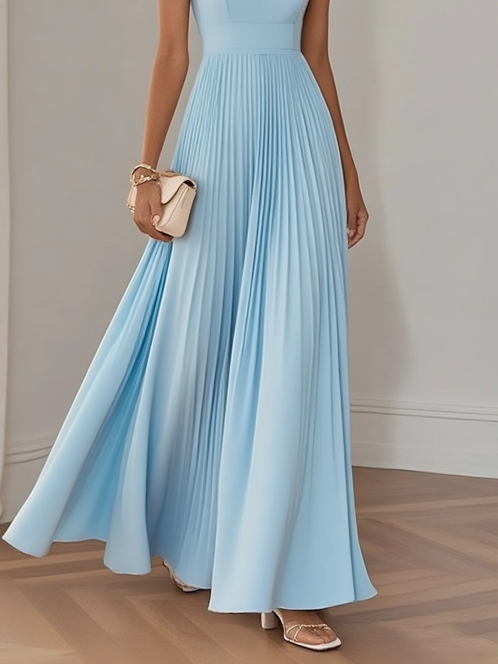 Light Blue Pleated Chiffon Square Neck Sleeveless A-Line Maxi Dress