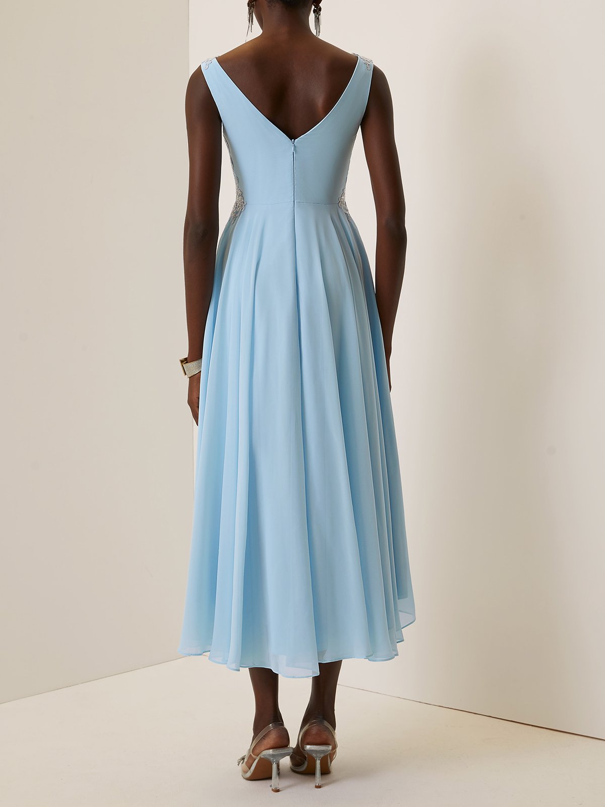 Light Blue Lace Asymmetric Chiffon V Neck Sleeveless A-Line Maxi Dress