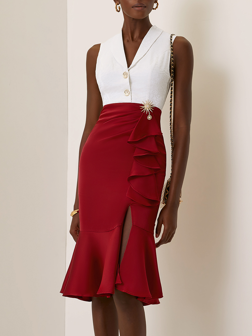 Wine Red Metal Mermaid Skirt Shawl Collar Sleeveless Sheath Midi Dress