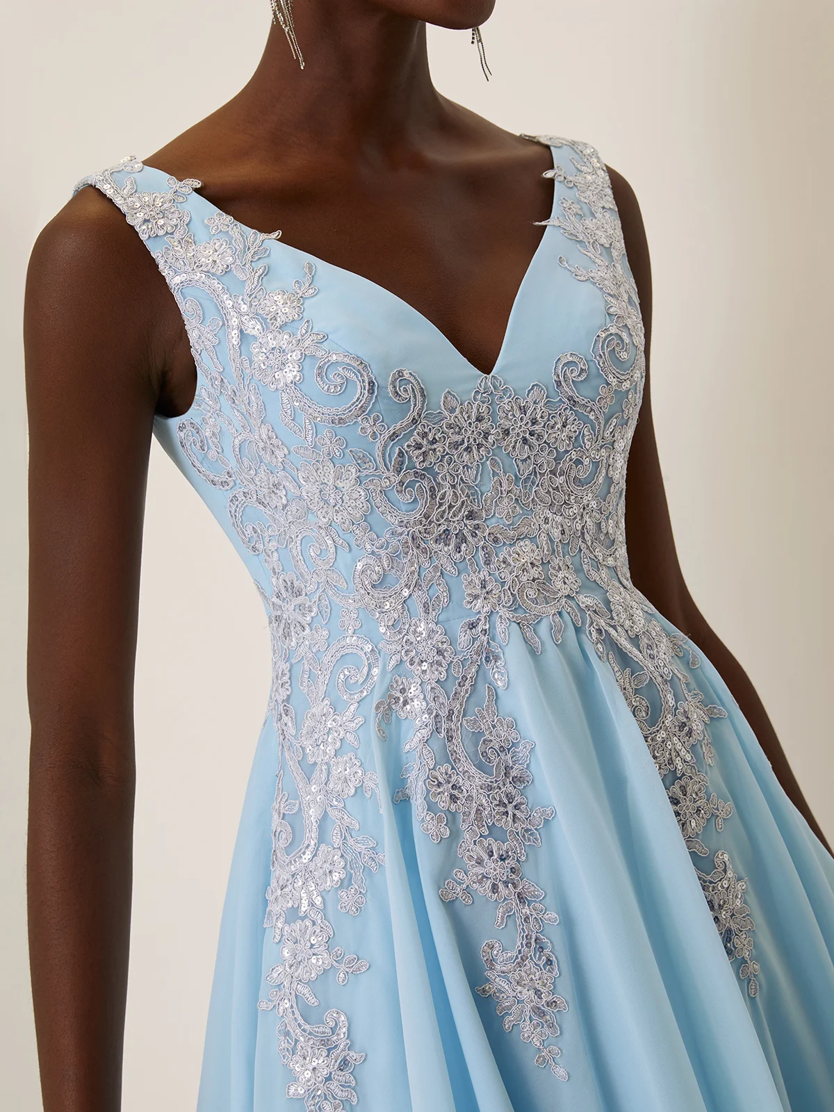 Light Blue Lace Asymmetric Chiffon V Neck Sleeveless A-Line Maxi Dress