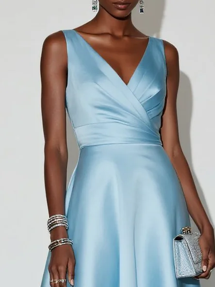 Light Blue Irregular Craftsmanship Satin V Neck Sleeveless A-Line Midi Dress