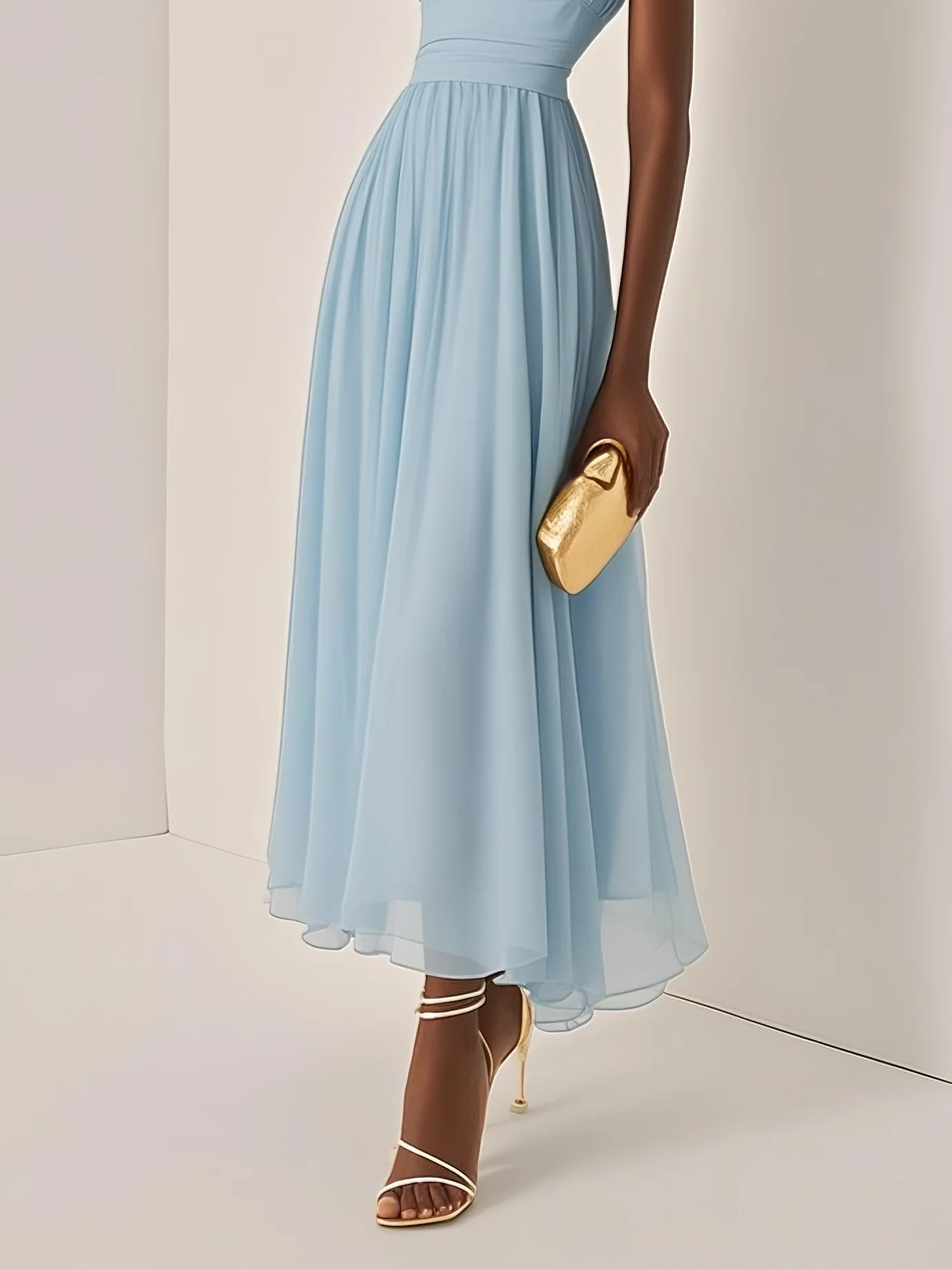 Light Blue Ruched Chiffon One Shoulder Sleeveless A-Line Maxi Dress