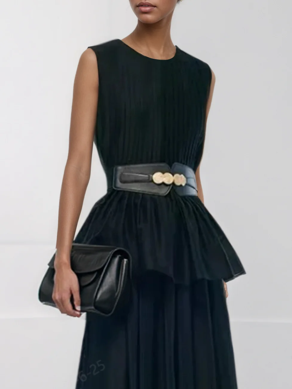 Women Black Pleated Crew Neck Sleeveless Dressy Top With Skirt Two-Piece Set