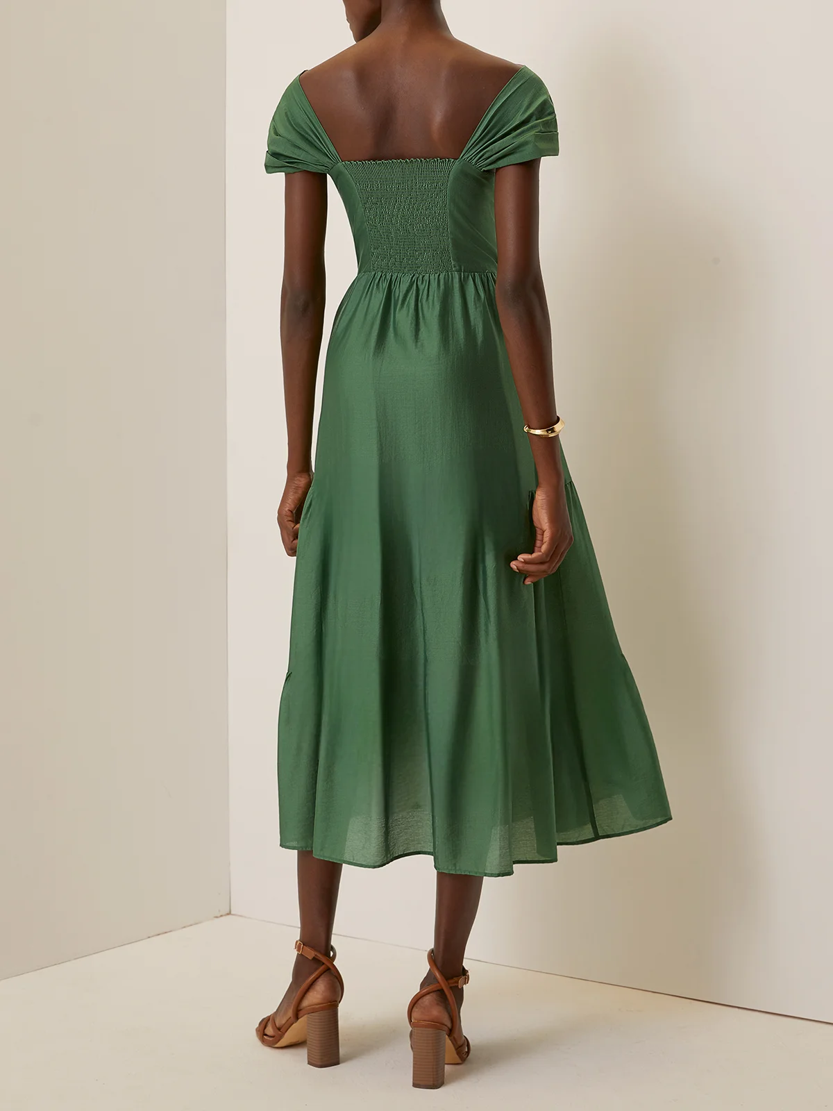 Green Lace Beaded Spaghetti Sleeveless A-Line Midi Dress