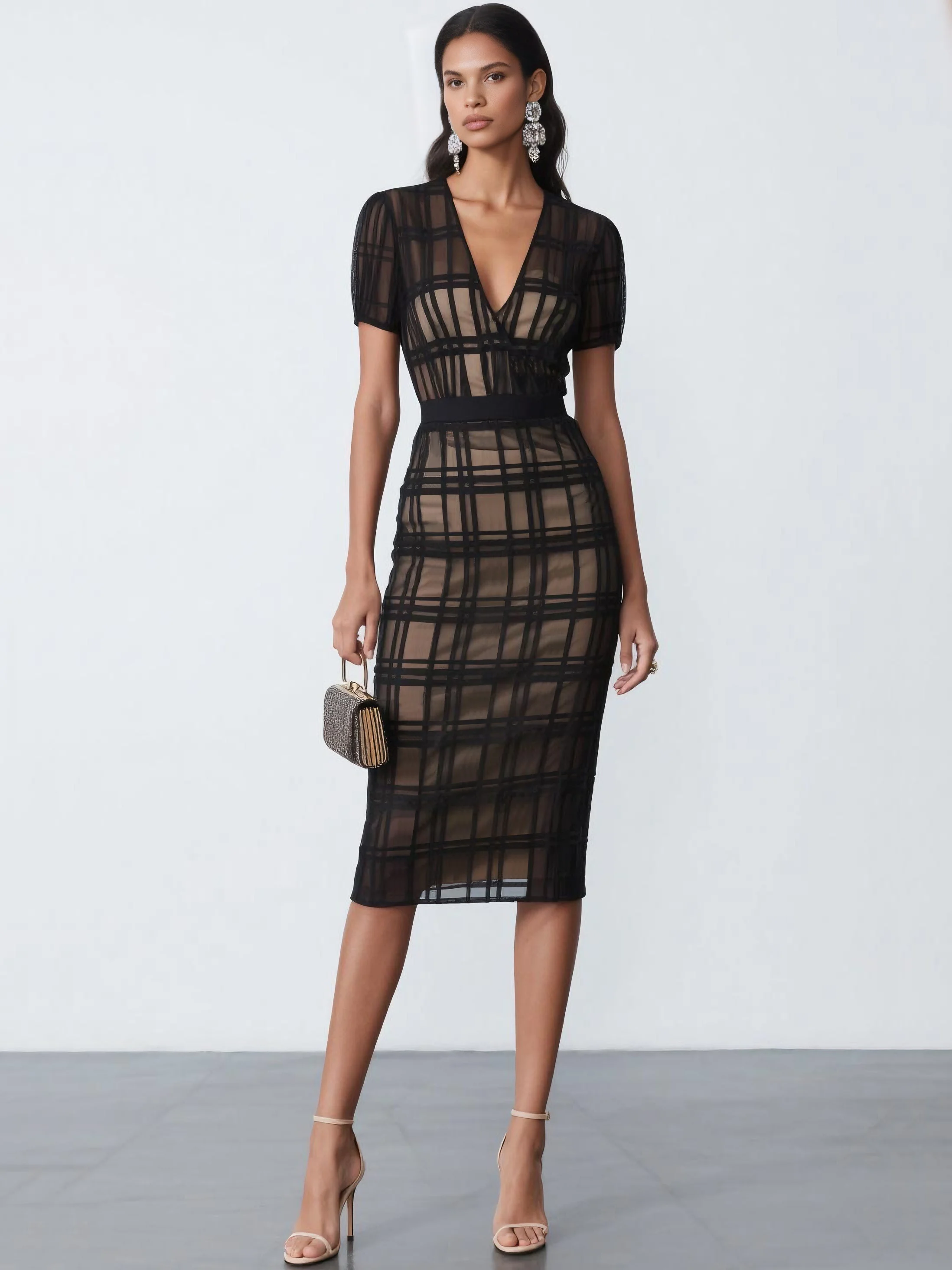 Black Organza Plaid Classic V Neck Short Sleeve Sheath Midi Dress