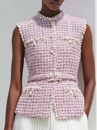 Women Pink Buckle Stitching Lace Crew Neck Sleeveless Dressy Coat With Skirt Two-Piece Set
