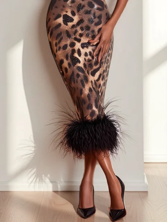 Brown Leopard Feather Slit Classic Strapless Sleeveless Sheath Maxi Dress