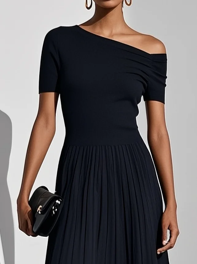 Black Asymmetric Pleated Knit One Shoulder Short Sleeve A-Line Midi Dress