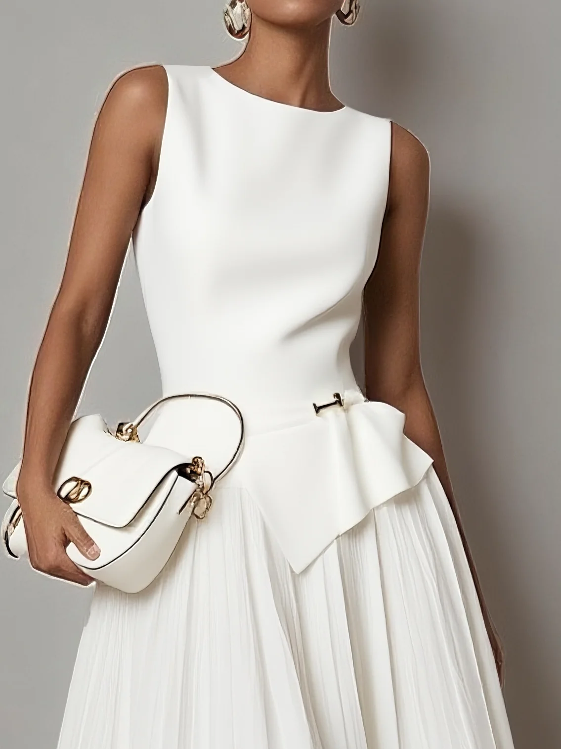 Light Khaki Dressy Ruffled Boat Neck Top with Skirt Two-Piece Set With Belt