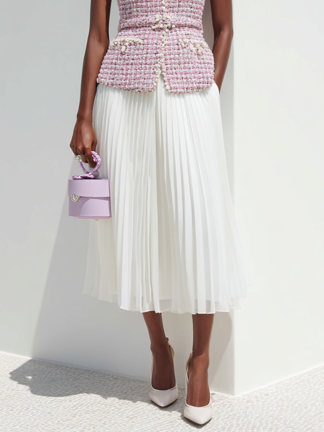 Women Pink Buckle Stitching Lace Crew Neck Sleeveless Dressy Coat With Skirt Two-Piece Set
