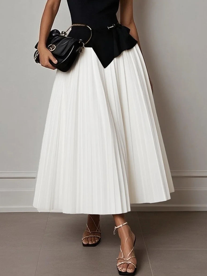 Light Khaki Pleated Asymmetrical Boat Neck Top with Skirt Two-Piece Set With Belt