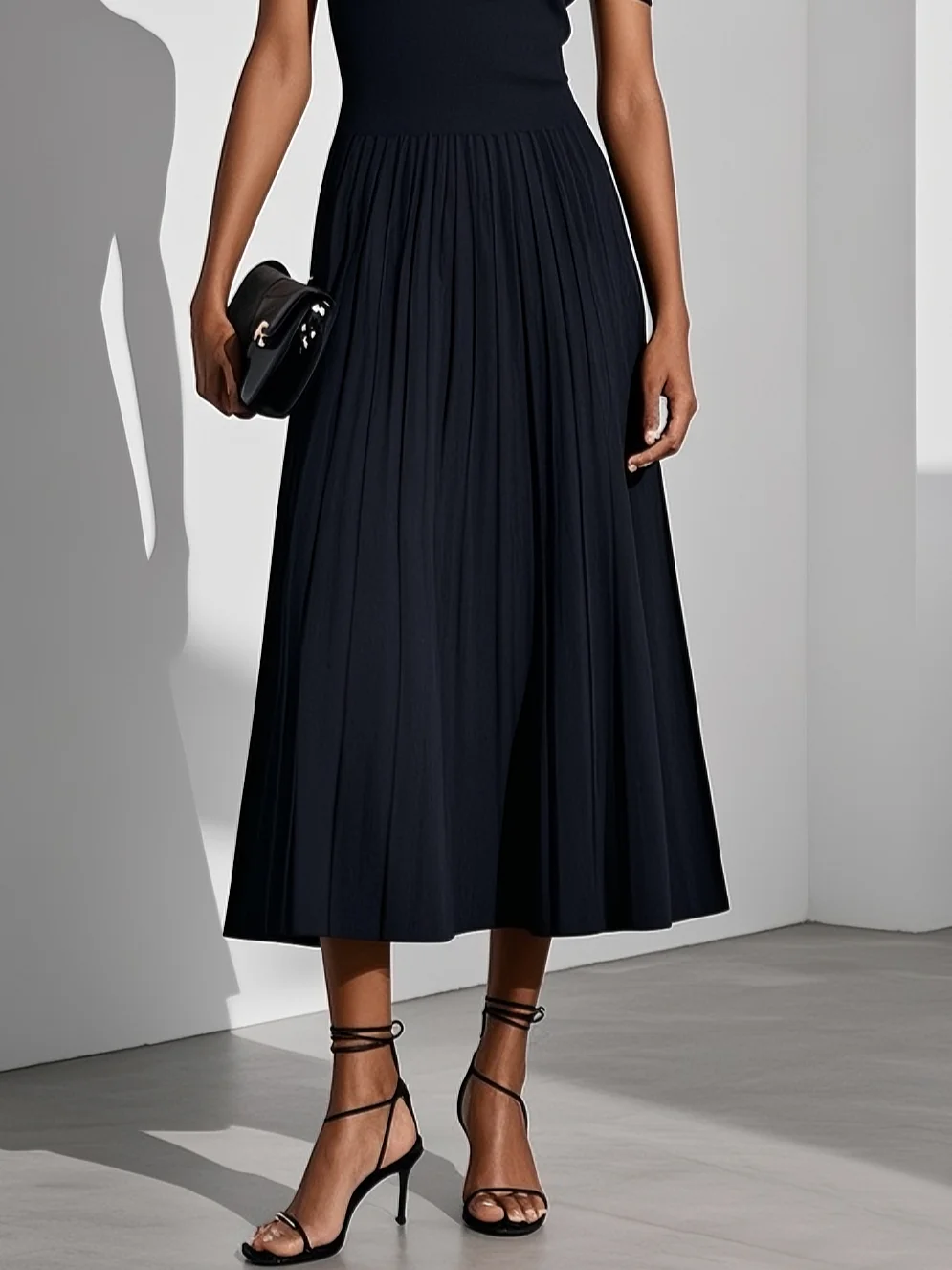 Black Asymmetric Pleated Knit One Shoulder Short Sleeve A-Line Midi Dress