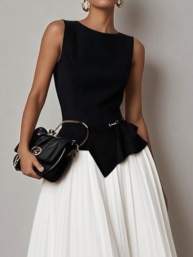 Light Khaki Pleated Asymmetrical Boat Neck Top with Skirt Two-Piece Set With Belt