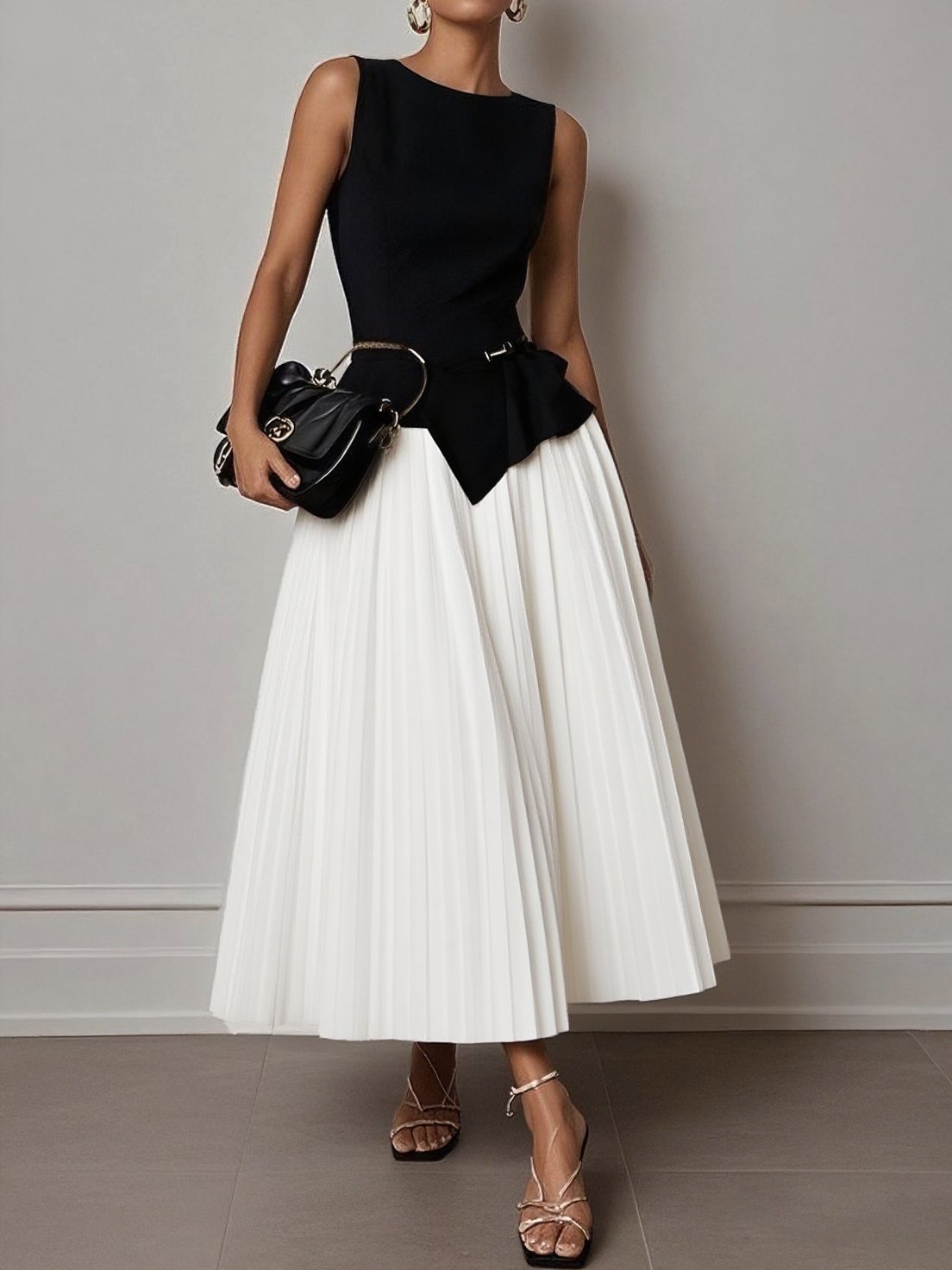 Light Khaki Pleated Asymmetrical Boat Neck Top with Skirt Two-Piece Set With Belt