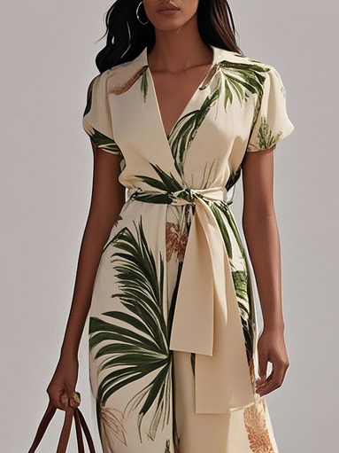Beige Printing Floral Classic V Neck Short Sleeve A-Line Maxi Dress