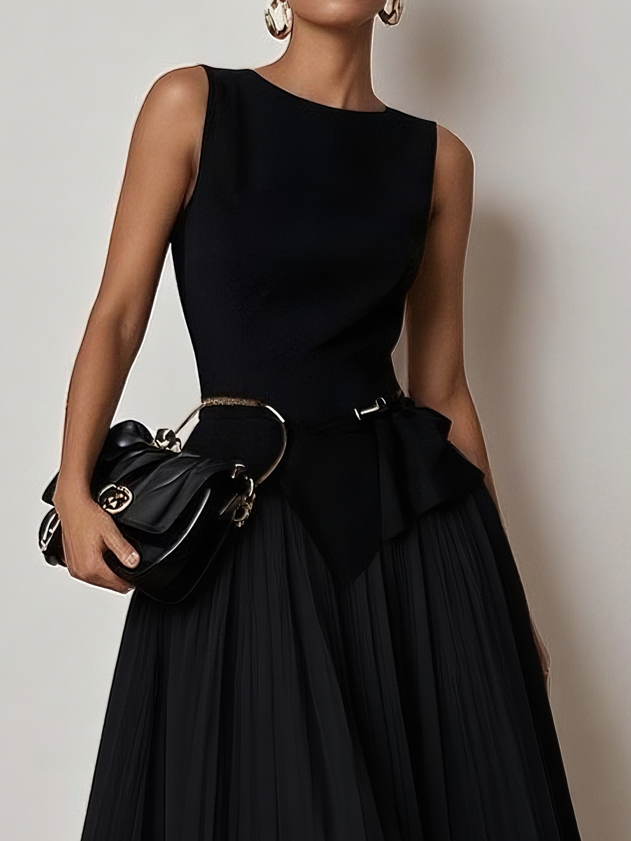 Light Khaki Dressey Ruffled Boat Neck Top with Skirt Two-Piece Set With Belt
