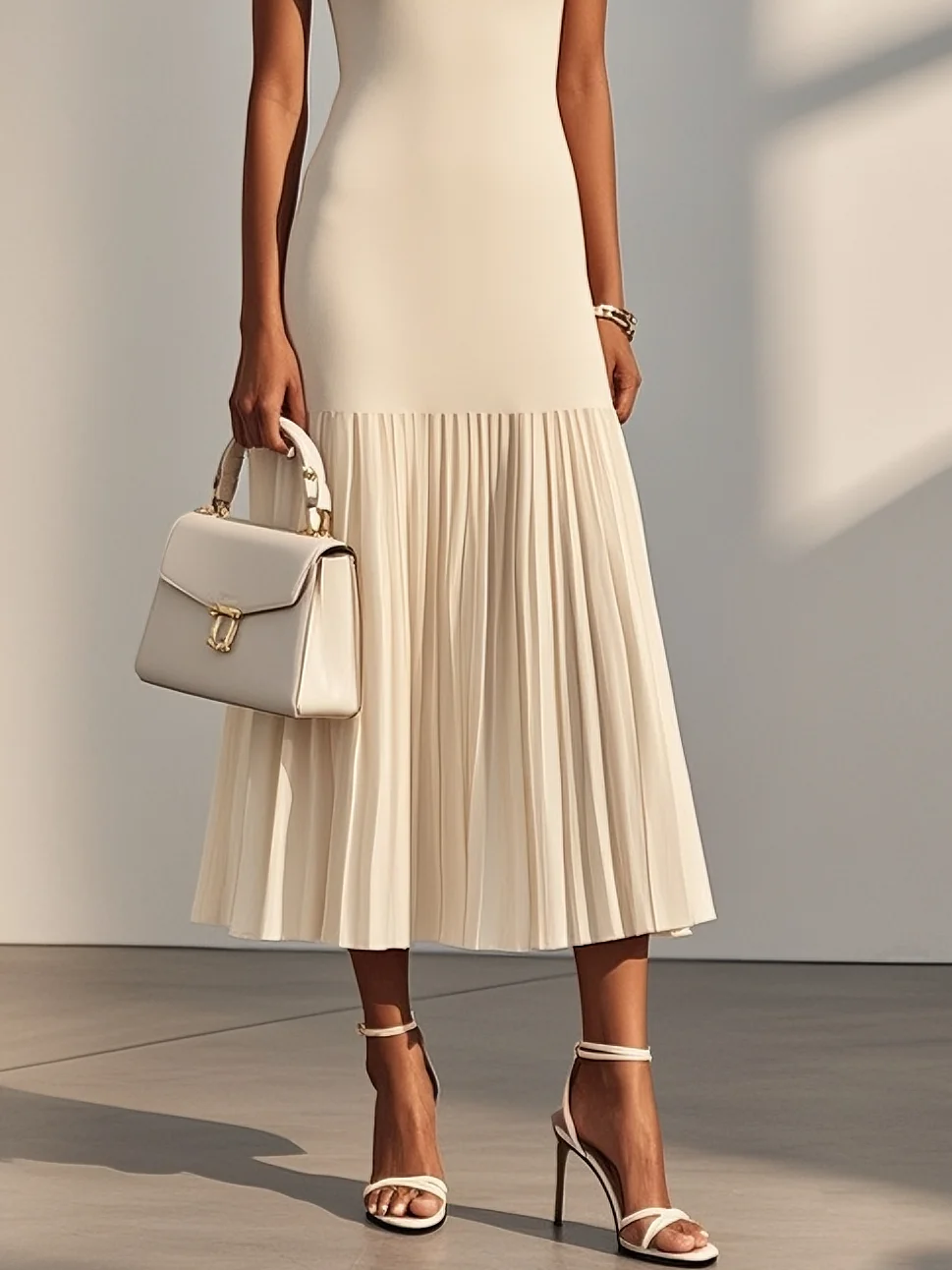Beige Asymmetric Knit Crew Neck Sleeveless A-Line Midi Dress