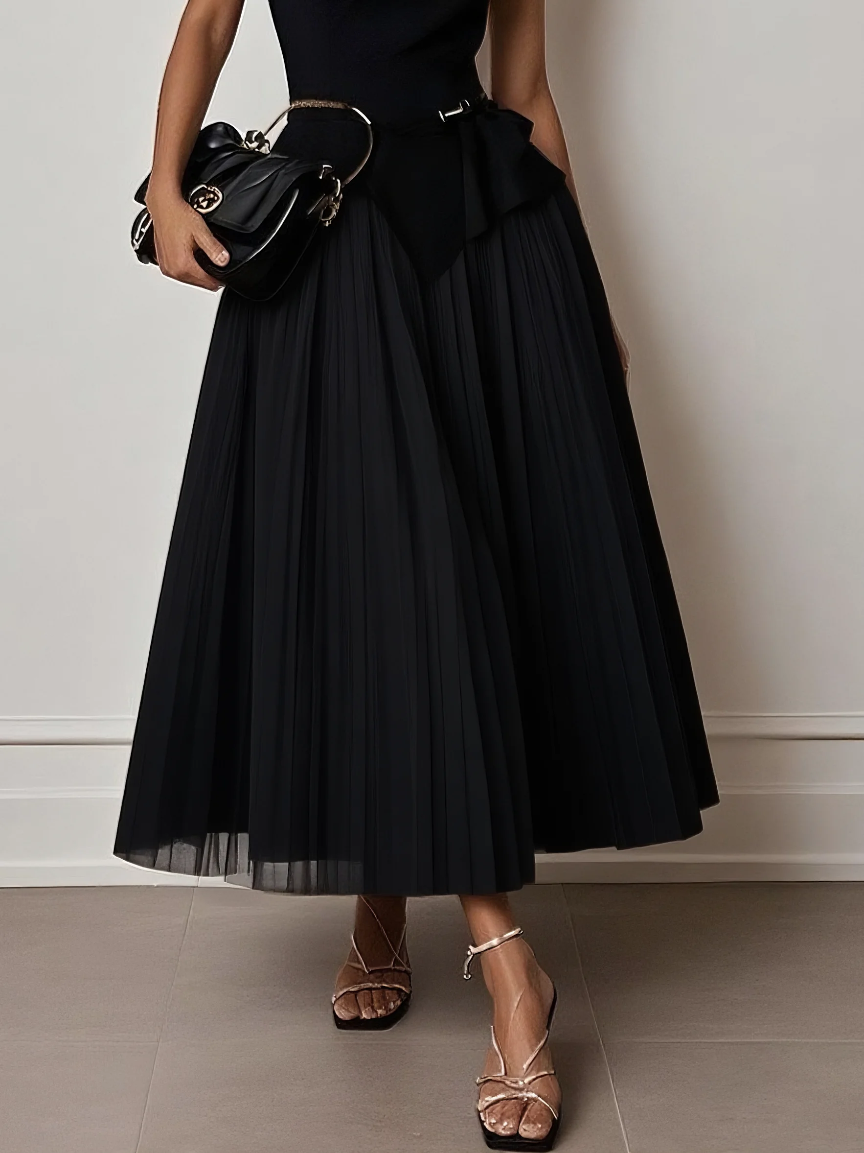 Light Khaki Dressey Ruffled Boat Neck Top with Skirt Two-Piece Set With Belt