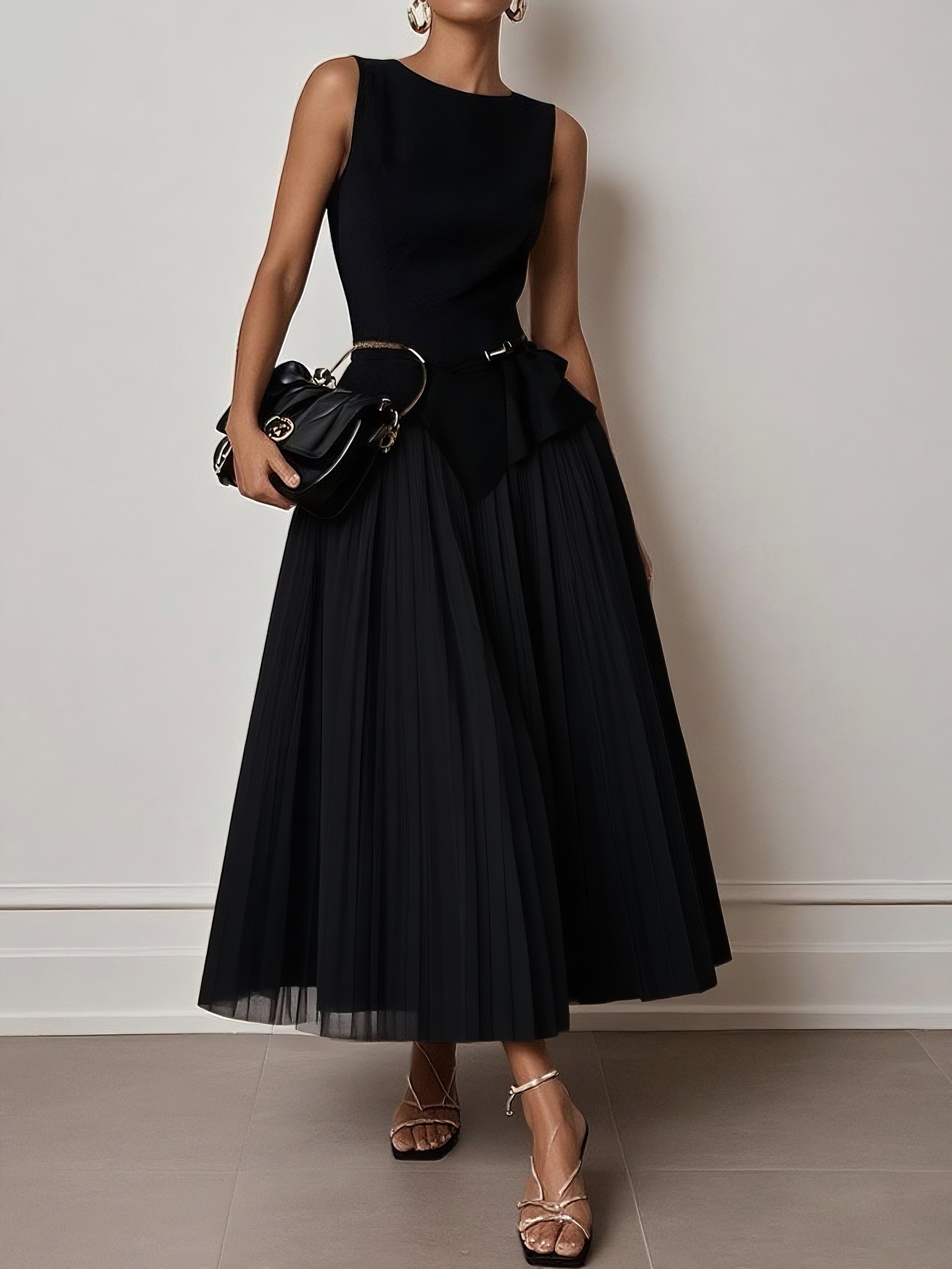 Light Khaki Dressey Ruffled Boat Neck Top with Skirt Two-Piece Set With Belt