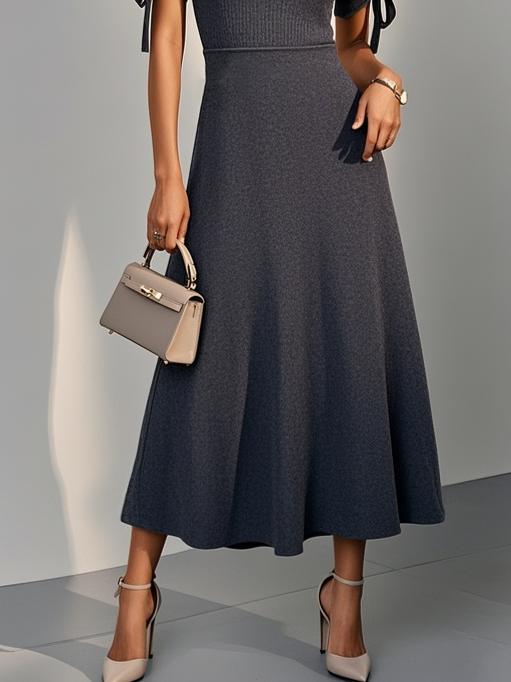 Deep Gray Shirred Knit Cold Shoulder Short Sleeve A-Line Midi Dress