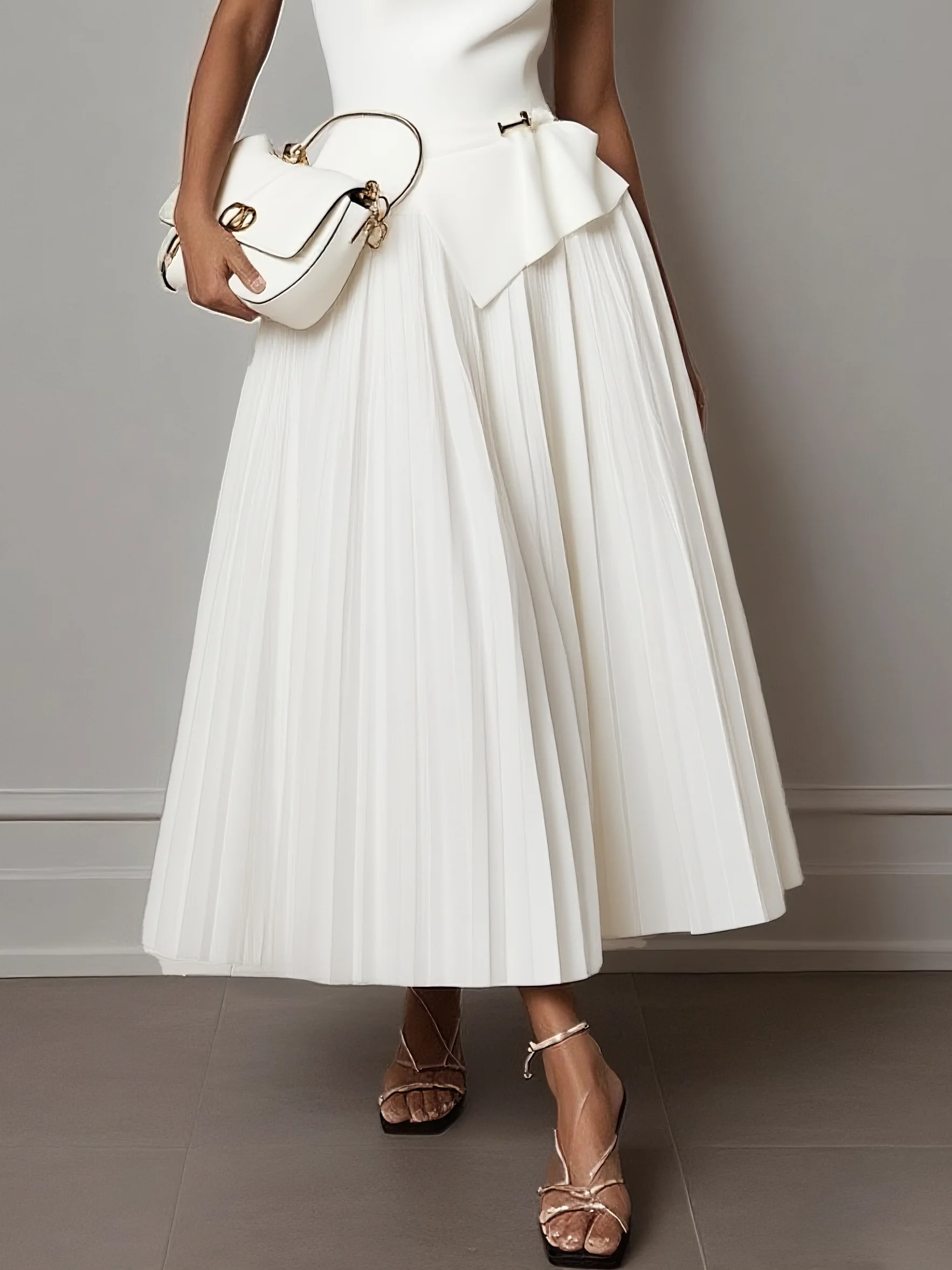 Light Khaki Dressy Ruffled Boat Neck Top with Skirt Two-Piece Set With Belt