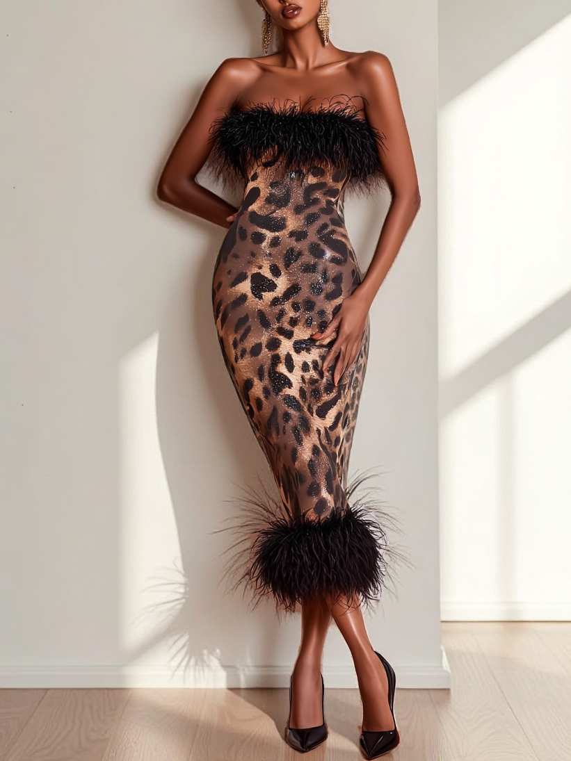 Brown Leopard Feather Slit Classic Strapless Sleeveless Sheath Maxi Dress