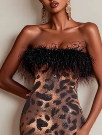 Brown Leopard Feather Slit Classic Strapless Sleeveless Sheath Maxi Dress