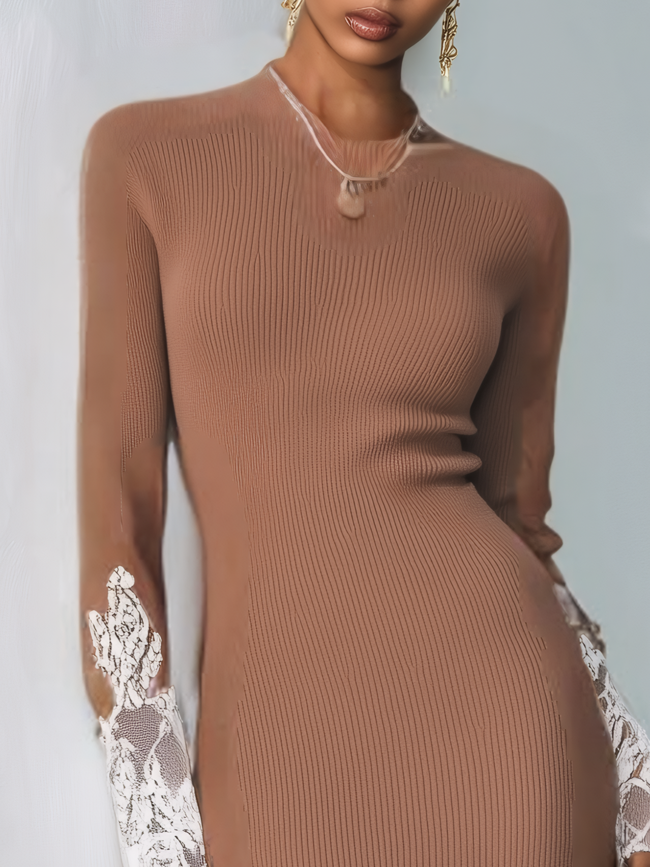 Caramel Lace Split Joint Sweater Boat Neck Long Sleeve Regular Sleeve Sheath Maxi Dress