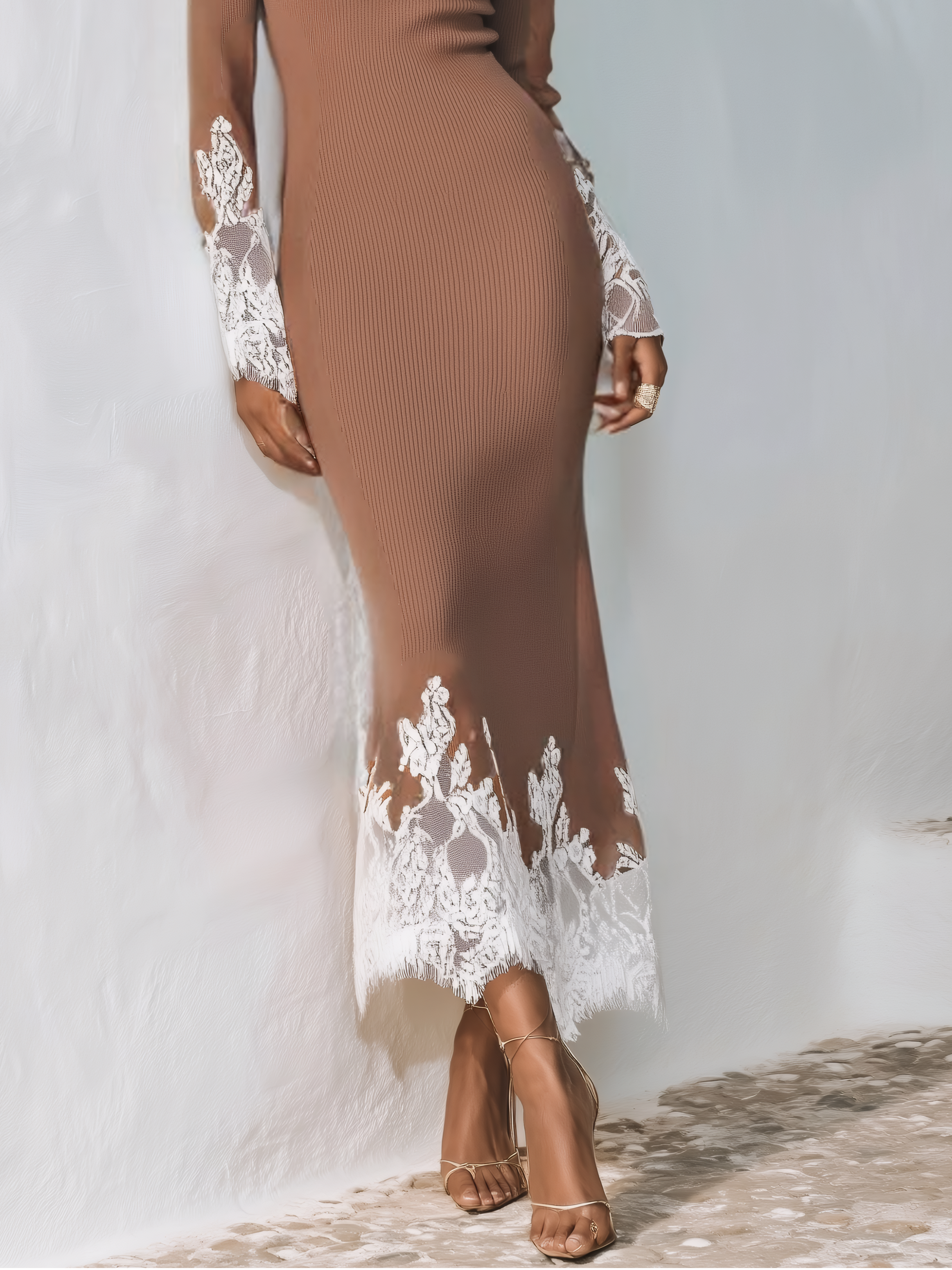 Caramel Lace Split Joint Sweater Boat Neck Long Sleeve Regular Sleeve Sheath Maxi Dress