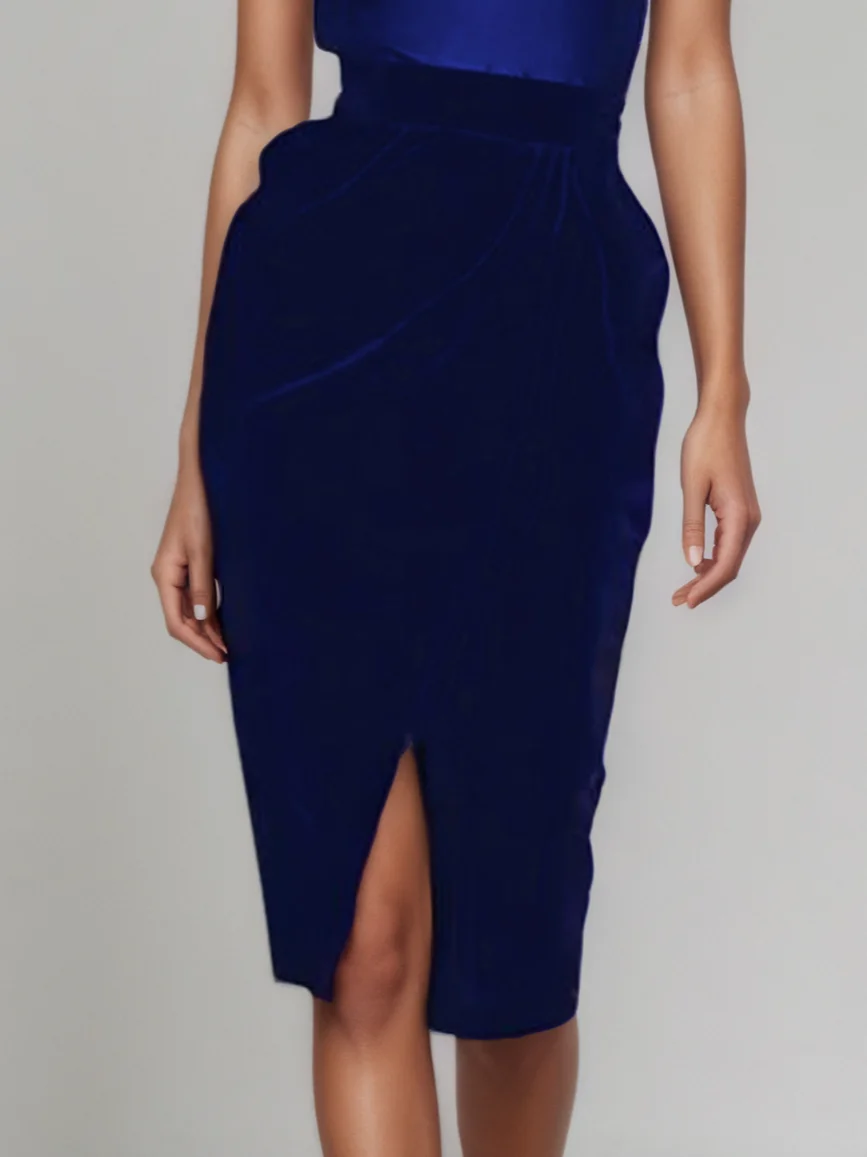 Royal Blue Slit Ruched Velvet Crew Neck Sleeveless Sheath Midi Dress