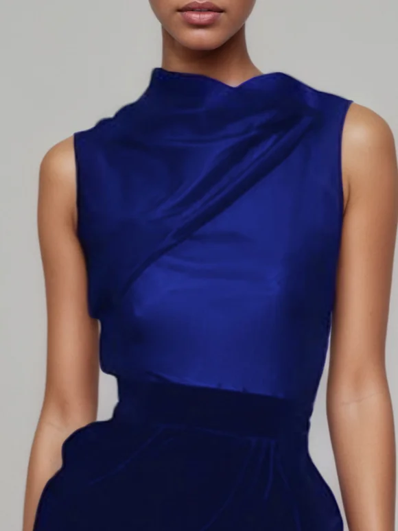 Royal Blue Slit Ruched Velvet Crew Neck Sleeveless Sheath Midi Dress