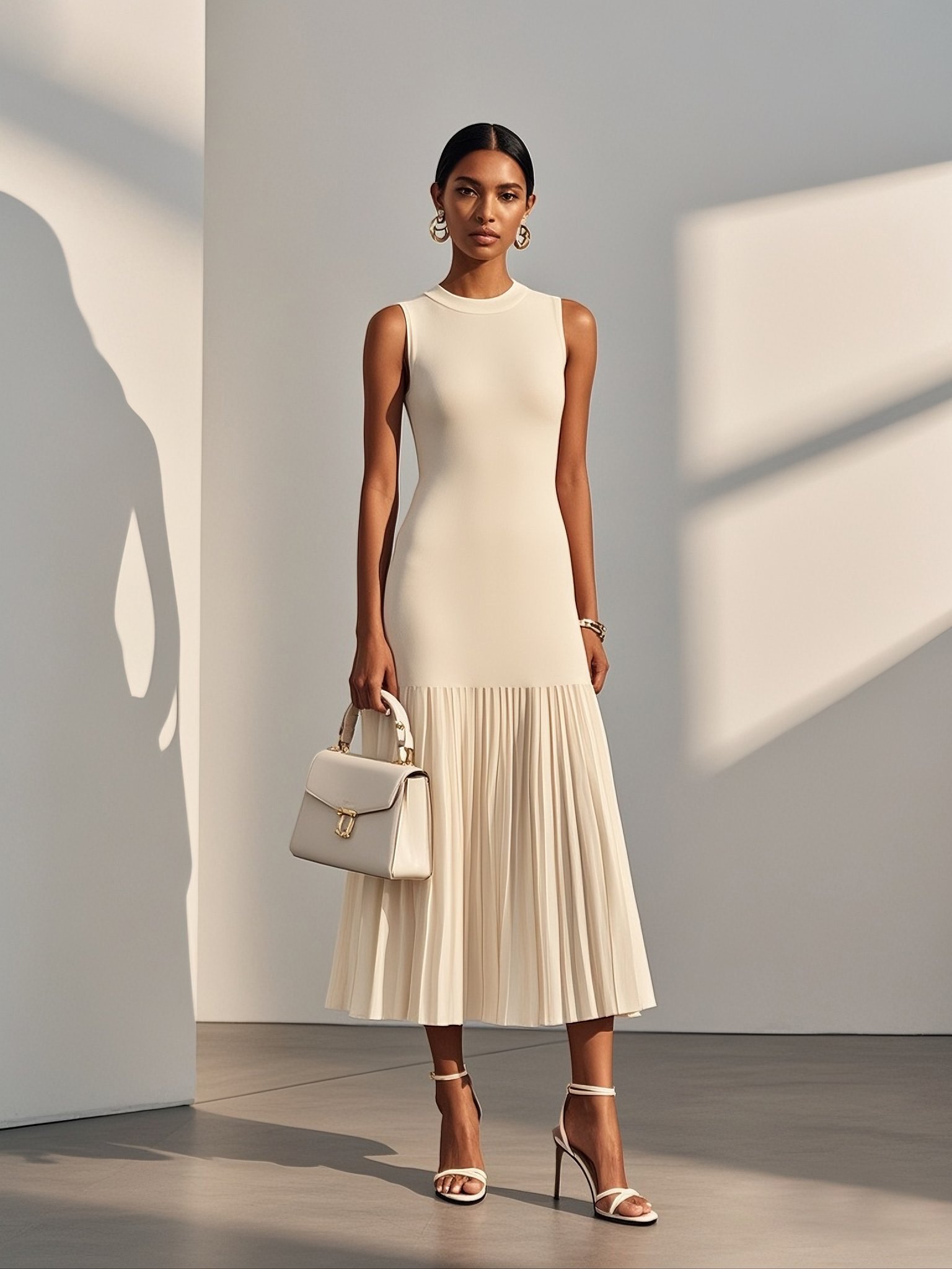 Beige Pleated Knit Crew Neck Sleeveless A-Line Midi Jersey Dress