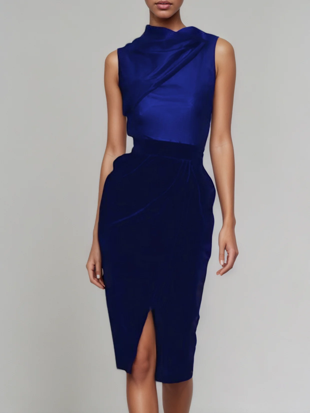 Royal Blue Slit Ruched Velvet Crew Neck Sleeveless Sheath Midi Dress