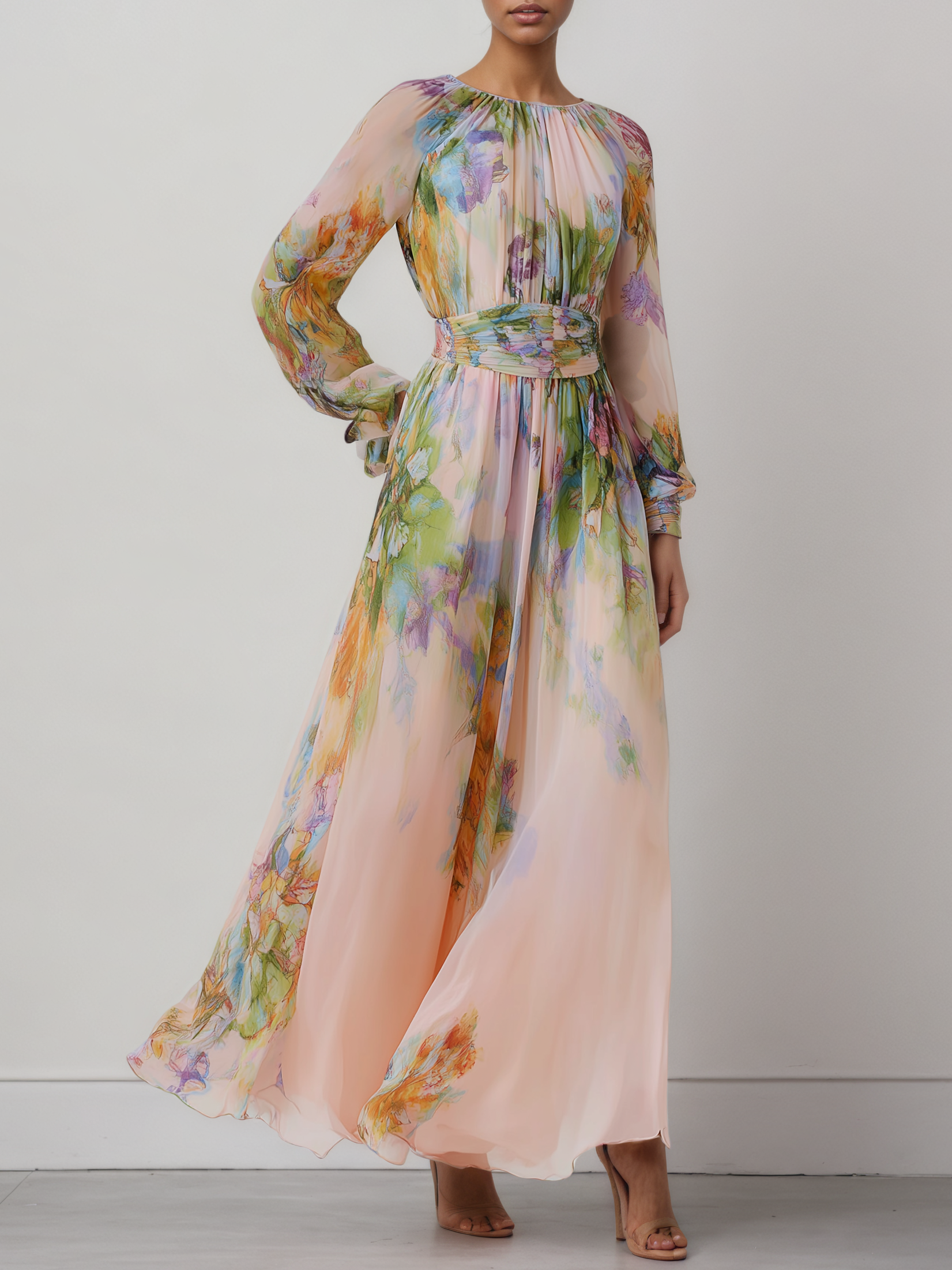 Pink Floral Ruched Chiffon Crew Neck Long Sleeve Puff Sleeve A-Line Maxi Dress