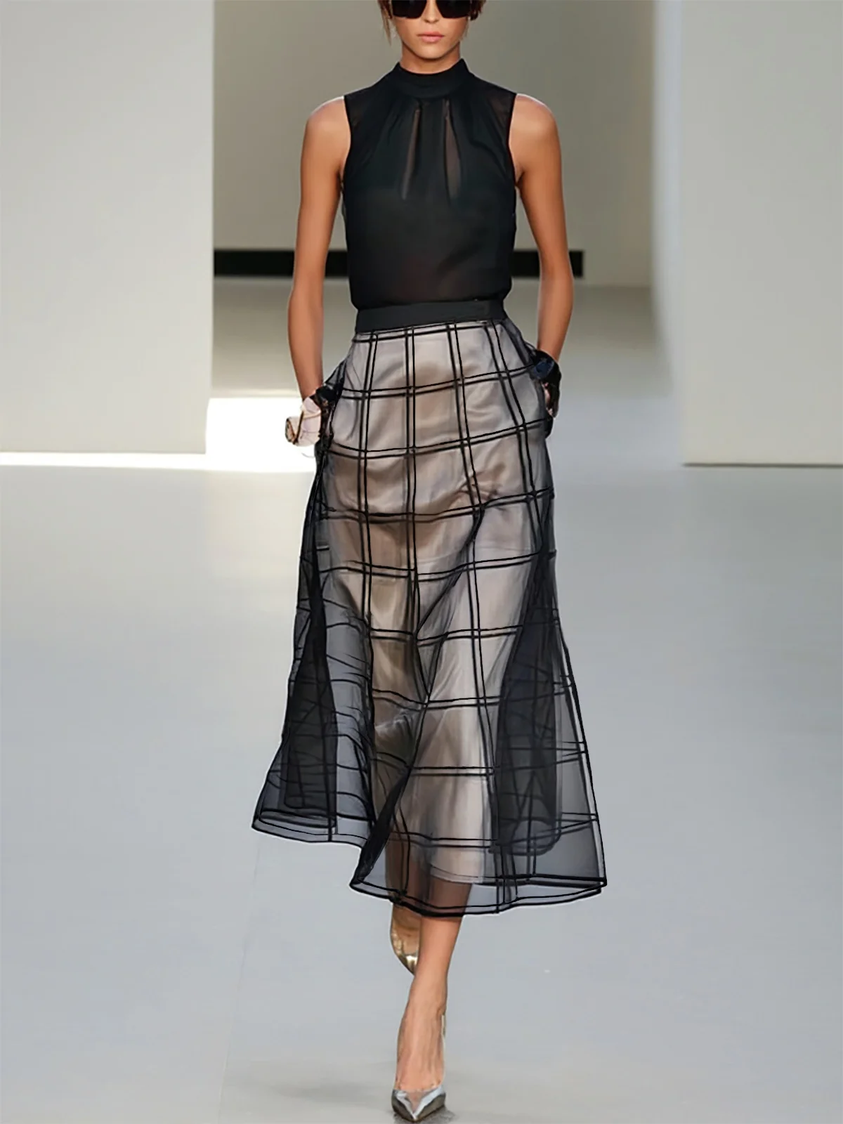 Black Mesh Plaid Classic Mock Neck Sleeveless A-Line Midi Dress