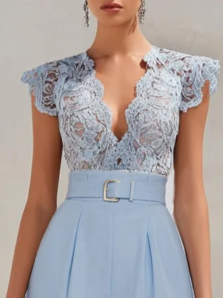 Women Blue Split Joint V Neck Cap Sleeve Dolman Sleeve Dressy Jumpsuit