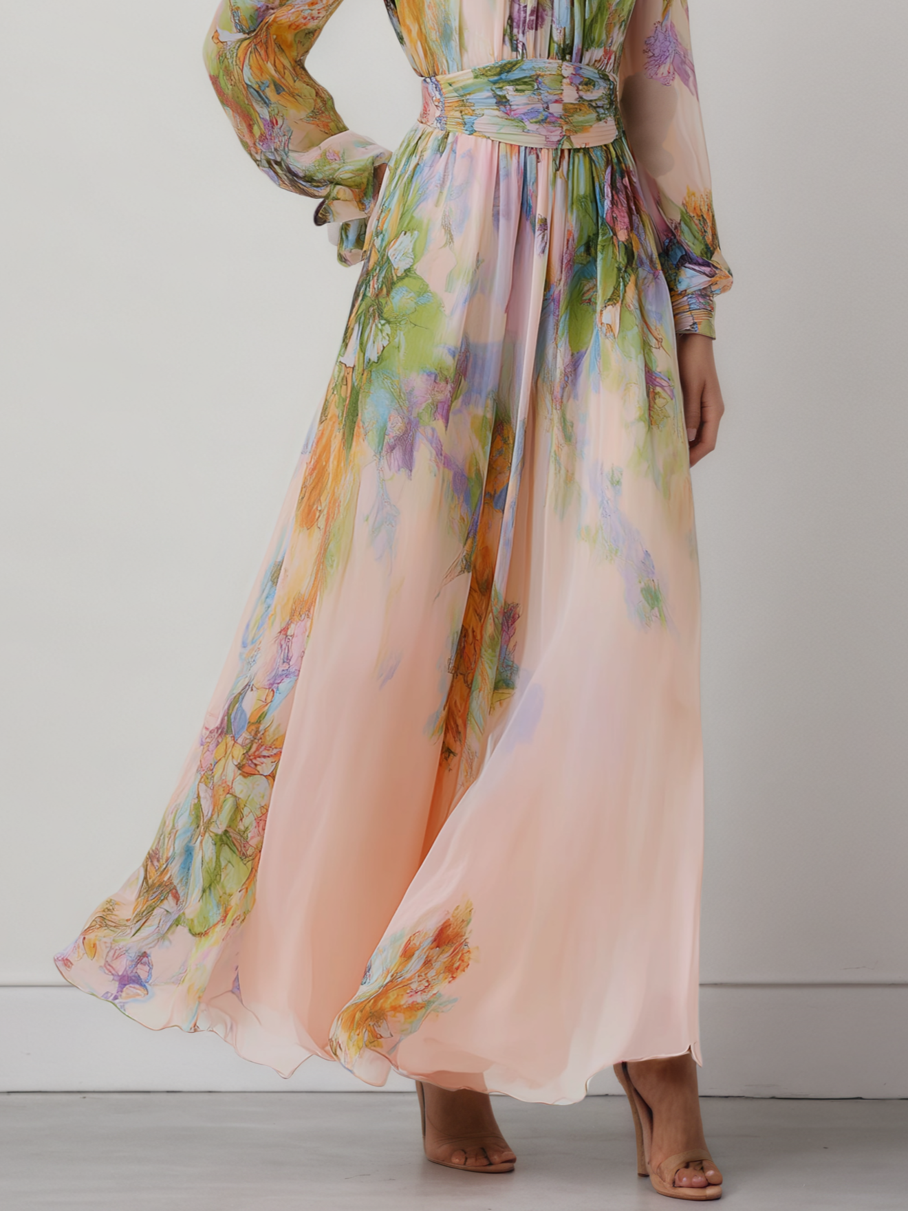 Pink Floral Ruched Chiffon Crew Neck Long Sleeve Puff Sleeve A-Line Maxi Dress