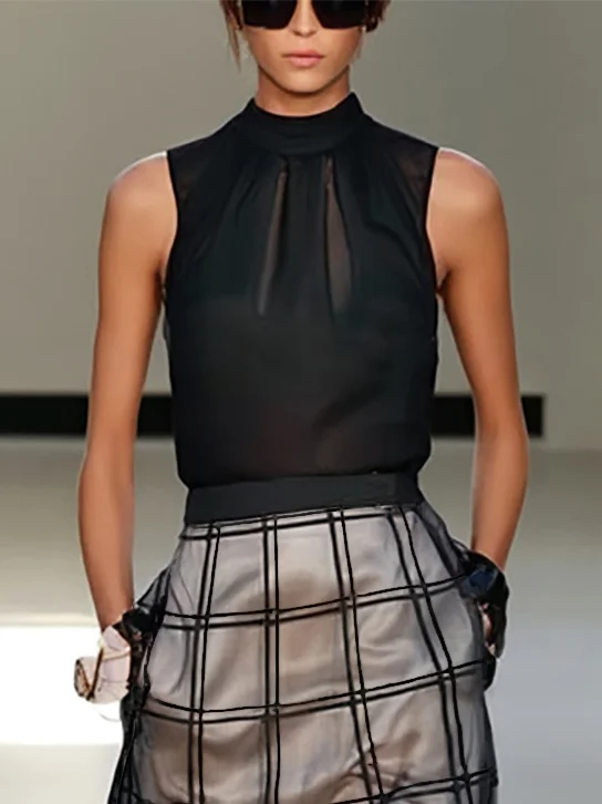 Black Mesh Plaid Classic Mock Neck Sleeveless A-Line Midi Dress