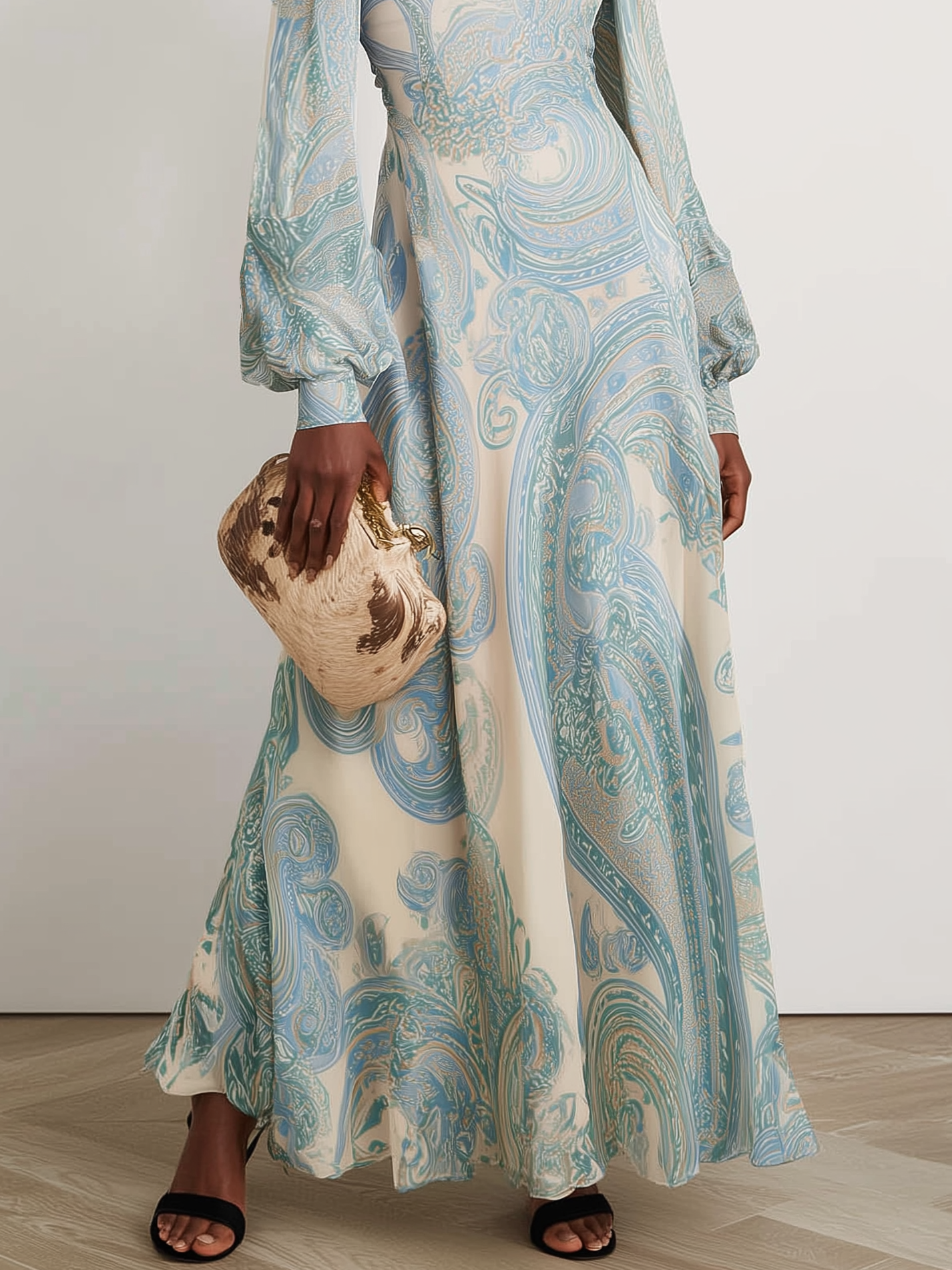 Light Blue Floral Chiffon Crew Neck Long Sleeve Balloon Sleeve A-Line Maxi Dress