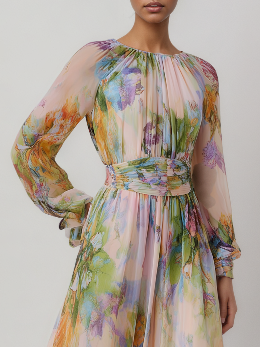 Pink Floral Ruched Chiffon Crew Neck Long Sleeve Puff Sleeve A-Line Maxi Dress