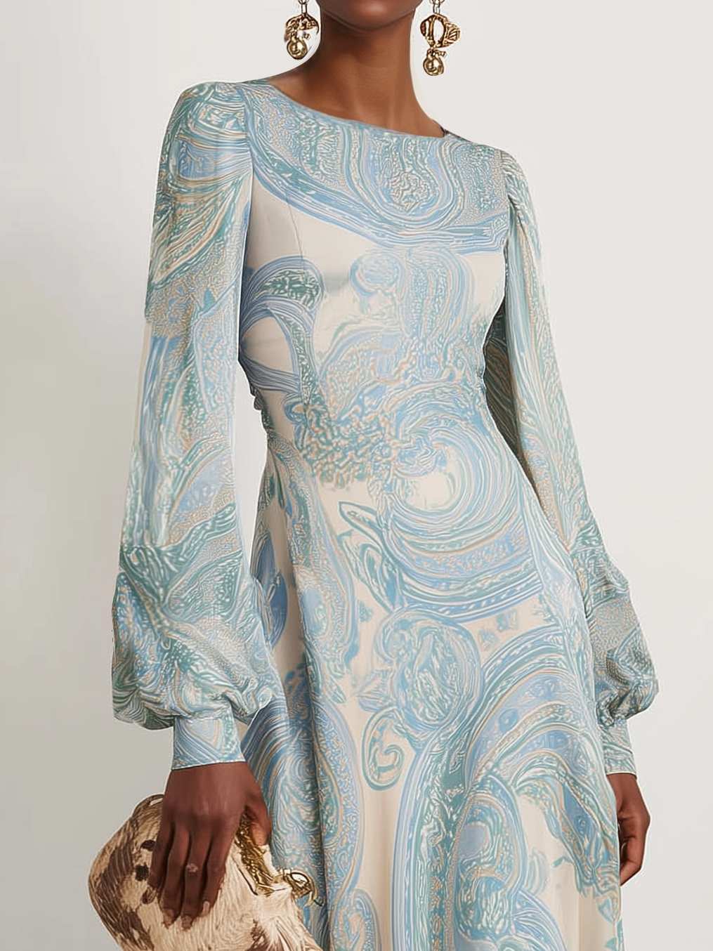Light Blue Floral Chiffon Crew Neck Long Sleeve Balloon Sleeve A-Line Maxi Dress