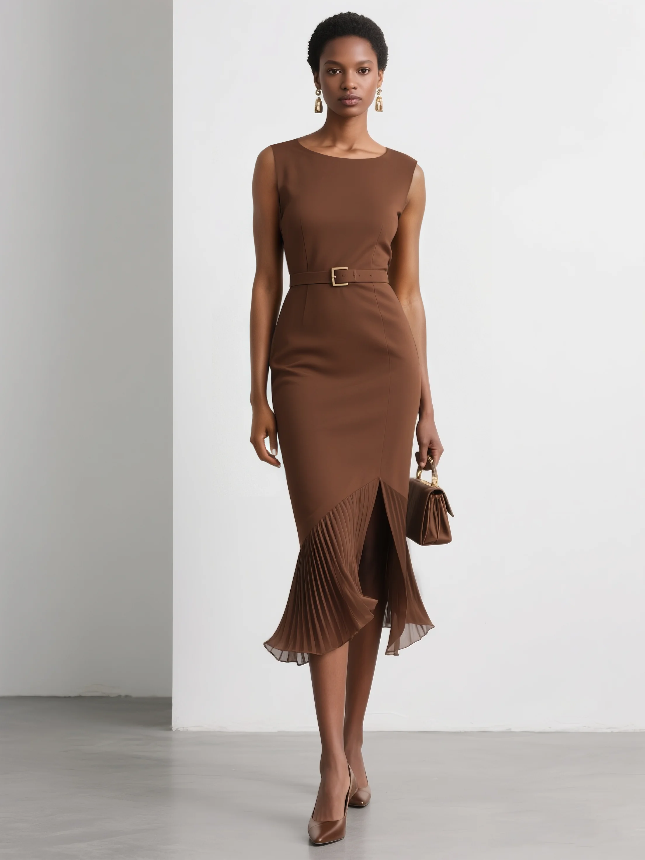 Brown Pleated Slit Classic Boat Neck Sleeveless Mermaid Midi Dress