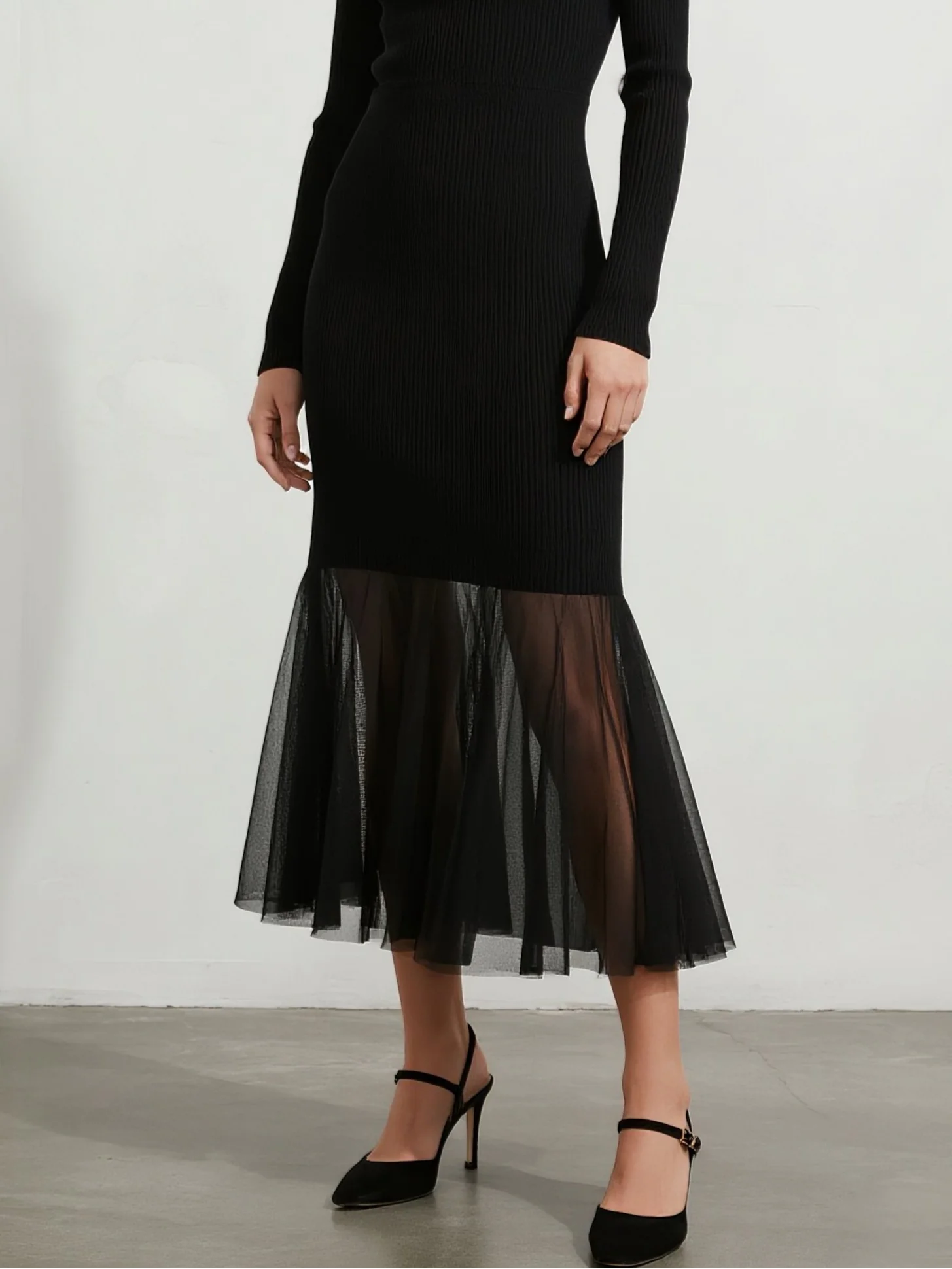 Black Mesh Ruched Knit Off The Shoulder Long Sleeve Mermaid Midi Dress