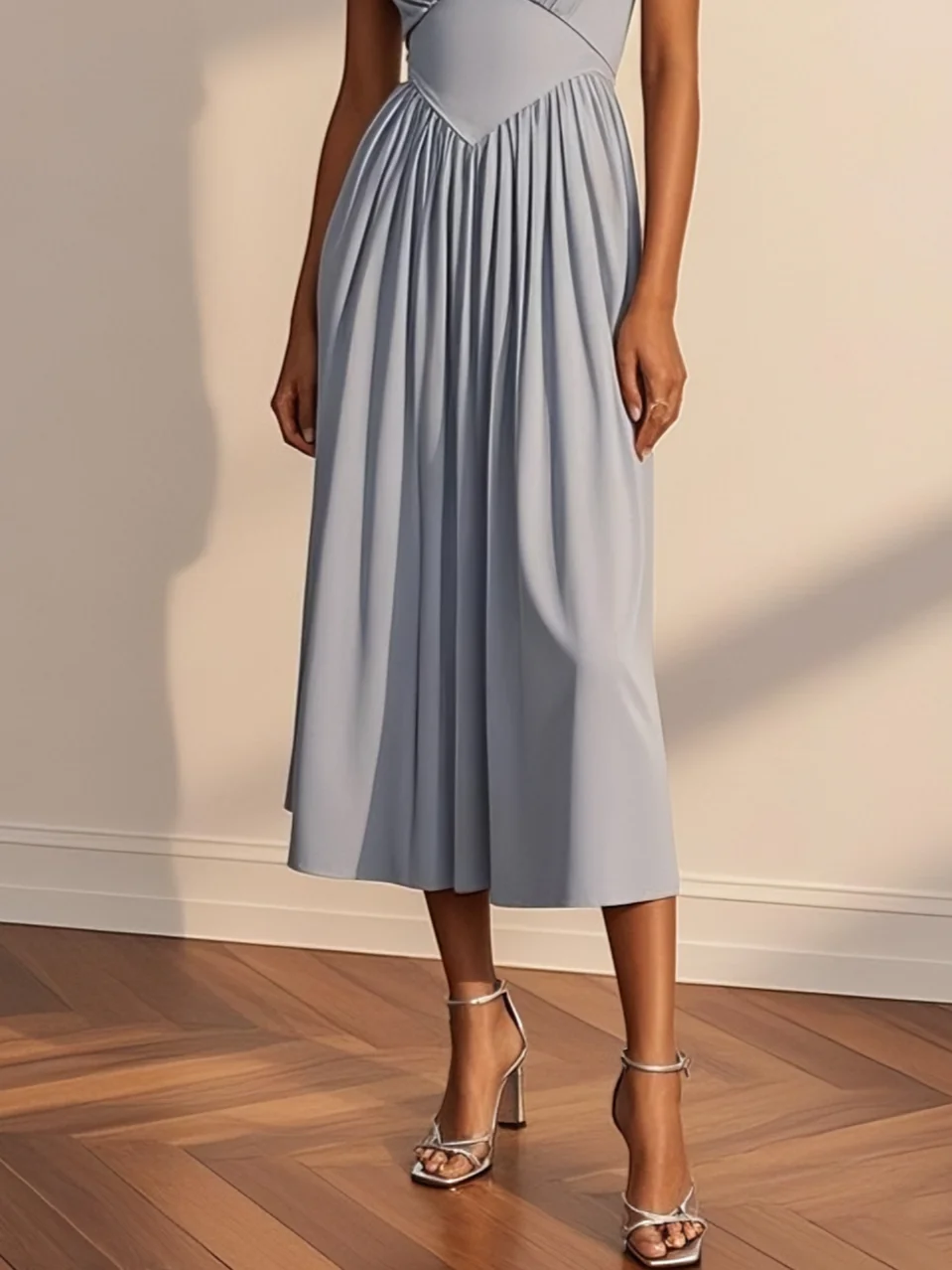 Grey-blue Ruched Classic Crew Neck Short Sleeve A-Line Midi Dress