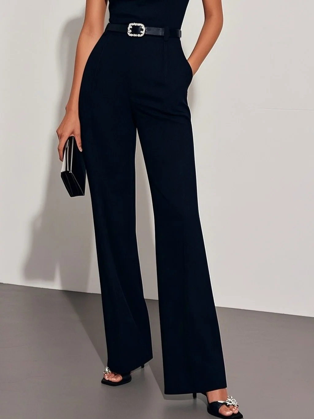 Women Black Imitation Pearls Square Neck Sleeveless Dressy Jumpsuit