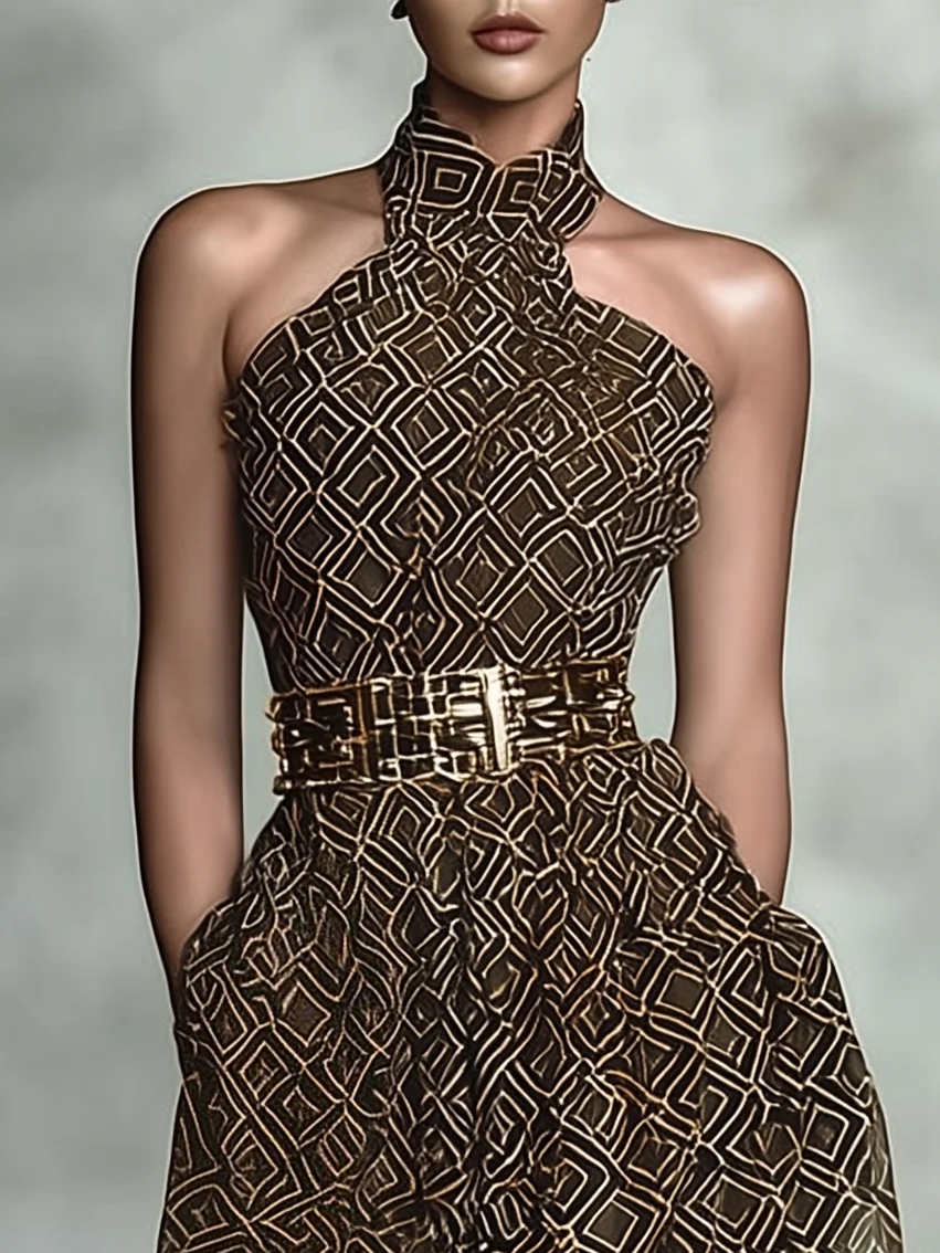 Brown Slit Classic Halter Sleeveless A-Line Maxi Dress
