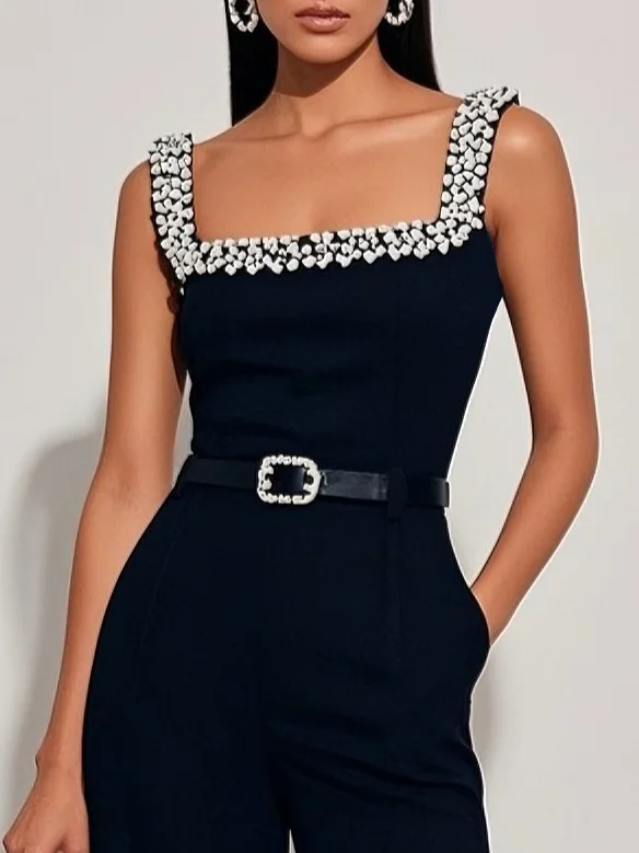 Women Black Imitation Pearls Square Neck Sleeveless Dressy Jumpsuit