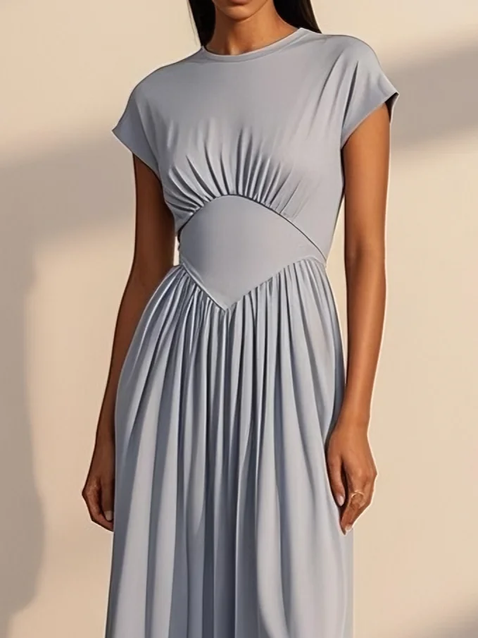 Grey-blue Ruched Classic Crew Neck Short Sleeve A-Line Midi Dress